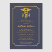 青エレガント色 |金ゴールドナースBSN卒業パーティーInv マグネット招待状 (正面)