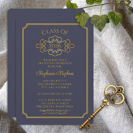 青エレガント色 |金ゴールド大学の卒業パーティー 招待状