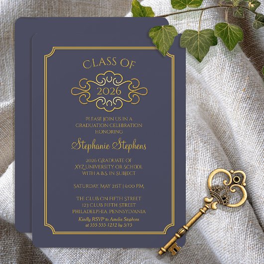 青エレガント色 |金ゴールド大学の卒業パーティー 招待状