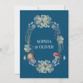 青エレガント花とキノコリース結婚ズ 招待状 (正面)