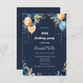 青エレガント花オレンジバルーン誕生日 招待状 (正面/裏面)