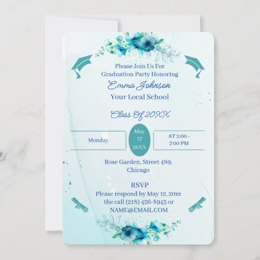 青エレガント花カスタム卒業 招待状 (正面)