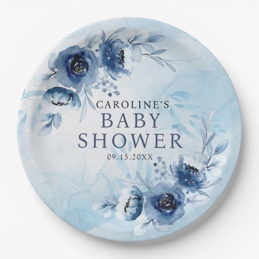 青エレガント花ボーイベビーシャワー ペーパープレート (正面)