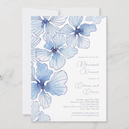 青エレガント花リハーサルディナー 招待状 (正面)