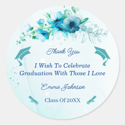 青エレガント花卒業カスタマイズ ラウンドシール (正面)