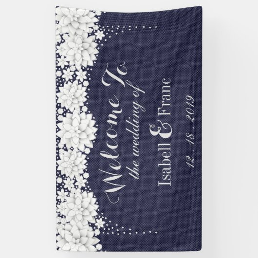 青エレガント花柄パーティー結婚ズ 横断幕 (縦)