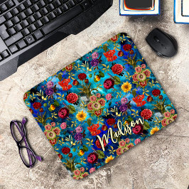 青エレガント花柄モノグラム マウスパッド