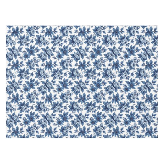 青エレガント花柄ヴィンテージ牡丹 テーブルクロス (正面(横))