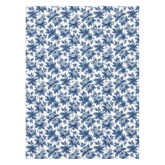 青エレガント花柄ヴィンテージ牡丹 テーブルクロス (正面)