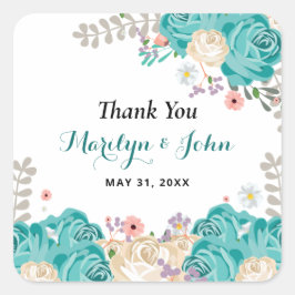 青エレガント花水彩結婚お礼 スクエアシール