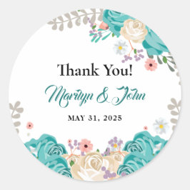 青エレガント花水彩結婚お礼 ラウンドシール