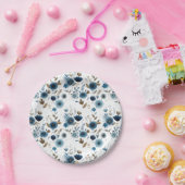 青エレガント花水彩花模様 ペーパープレート (パーティー)