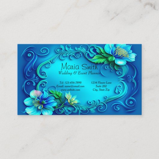青エレガント花結婚イベントプランナー 名刺 (正面)