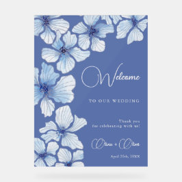 青エレガント花結婚歓迎 アクリルサイン