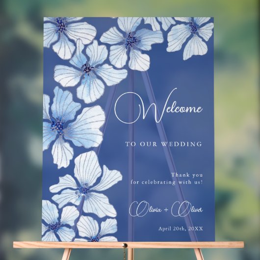 青エレガント花結婚歓迎 アクリルサイン (ニュートラル)