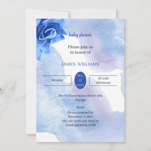 青エレガント花赤ちゃんシャワーカスタマイズ 招待状 (正面)