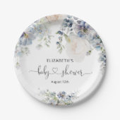 青エレガント花赤ちゃんシャワー ペーパープレート (正面)
