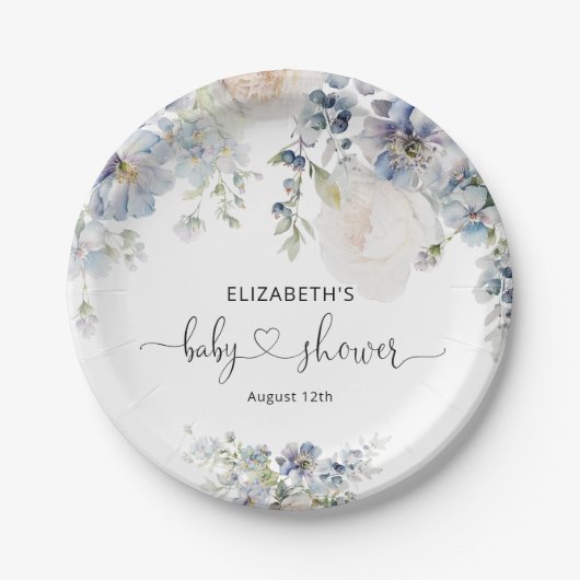青エレガント花赤ちゃんシャワー ペーパープレート (正面)