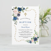 青エレガント花金ゴールドグリッタースパークルスバプテスマ 招待状 (スタンド正面)