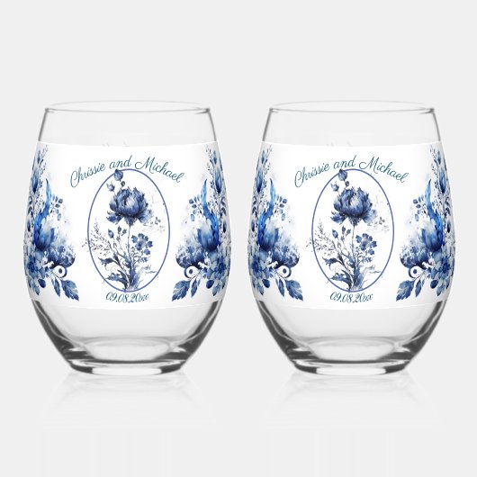 青エレガント菊の結婚花 ステムなしワイングラス (裏面)