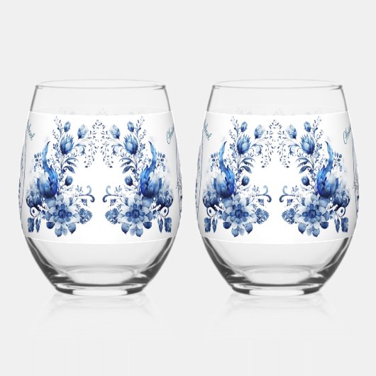 青エレガント菊の結婚花 ステムなしワイングラス (左)