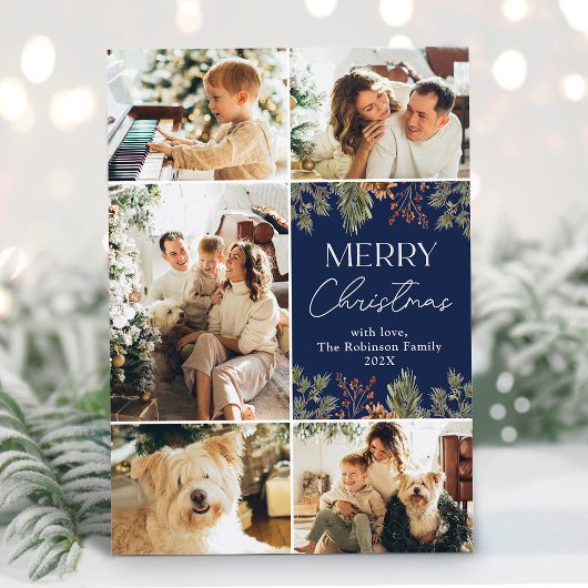 青エレガント葉5写真クリスマス シーズンカード