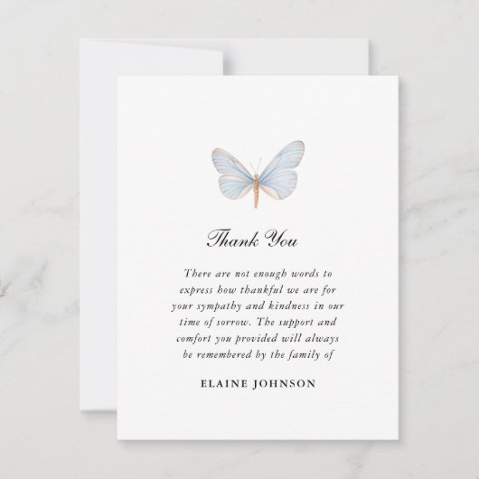 青エレガント蝶の葬儀の写真ありがとう サンキューカード (正面)