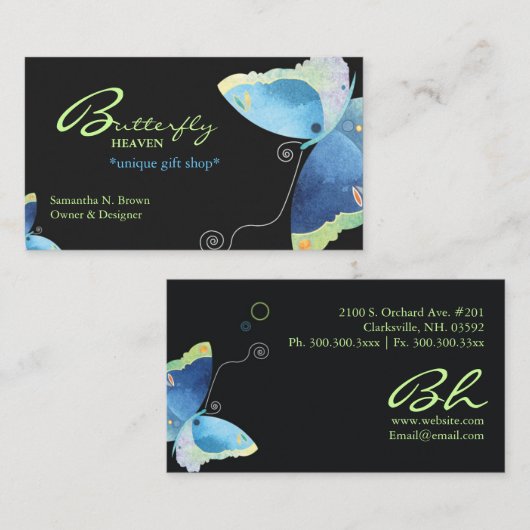青エレガント蝶パーソナライズされた 名刺 (正面/裏面)