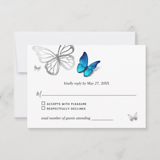 青エレガント蝶素朴水色結婚の 出欠カード (正面)