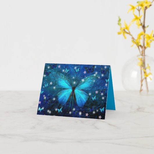 青エレガント蝶 カード (黄色い花)