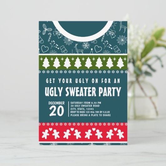 青エレガント赤と緑の醜いセータークリスマスパーティー 招待状 (スタンド正面)