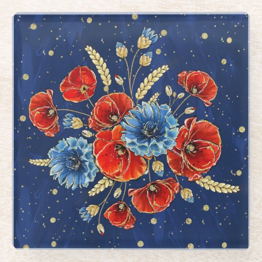 青エレガント赤と金ゴールドの思い出のケシ ガラスコースター (正面)