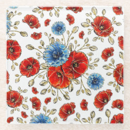 青エレガント赤と金ゴールドの思い出のケシ ガラスコースター