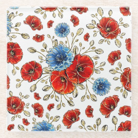 青エレガント赤と金ゴールドの思い出のケシ ガラスコースター (正面)