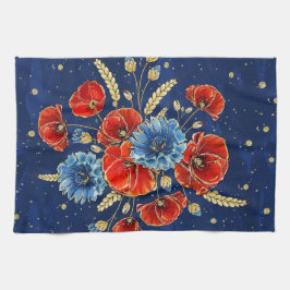 青エレガント赤と金ゴールドの思い出のケシ キッチンタオル