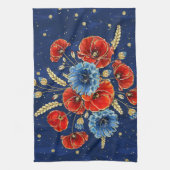 青エレガント赤と金ゴールドの思い出のケシ キッチンタオル (縦)