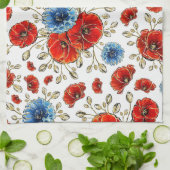 青エレガント赤と金ゴールドの思い出のケシ キッチンタオル (折り畳み)