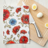 青エレガント赤と金ゴールドの思い出のケシ キッチンタオル (四つ折り)