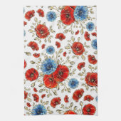 青エレガント赤と金ゴールドの思い出のケシ キッチンタオル (縦)