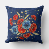 青エレガント赤と金ゴールドの思い出のケシ クッション (正面)