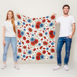 青エレガント赤と金ゴールドの思い出のケシ フリースブランケット