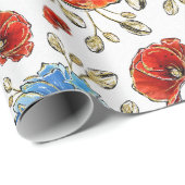 青エレガント赤と金ゴールドの思い出のケシ ラッピングペーパー (ロールコーナー)