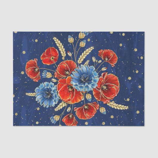 青エレガント赤と金ゴールドの思い出のケシ 薄葉紙 (正面)