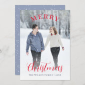 青エレガント赤の写真メリークリスマス シーズンカード (正面/裏面)