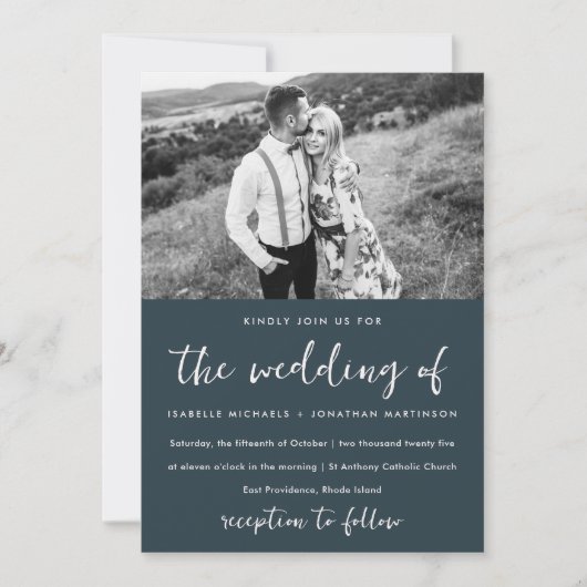 青エレガント赤面フローラルパタ結婚ーン 招待状 (正面)