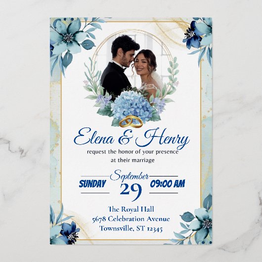 青エレガント野結婚花 箔招待状 (正面)