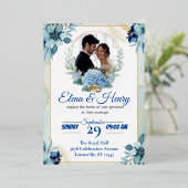 青エレガント野結婚花 箔招待状 (立ち正面)