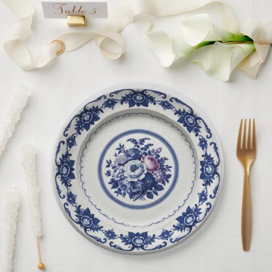 青エレガント野花フローラセラミック結婚ス ペーパープレート (ウェディング)