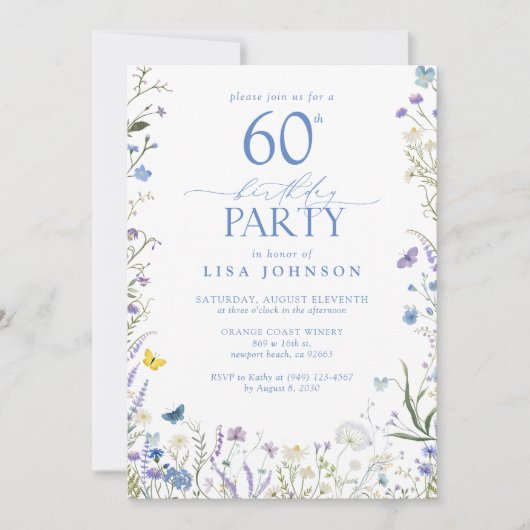 青エレガント野花大人60歳の誕生日パーティー 招待状 (正面)
