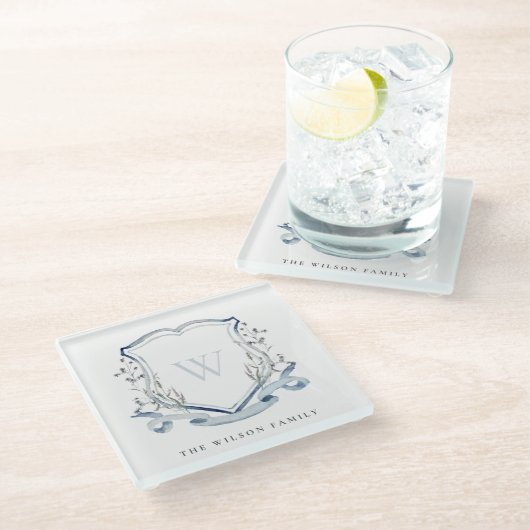 青エレガント野花水彩モノグラムクレスト ガラスコースター (アングル)